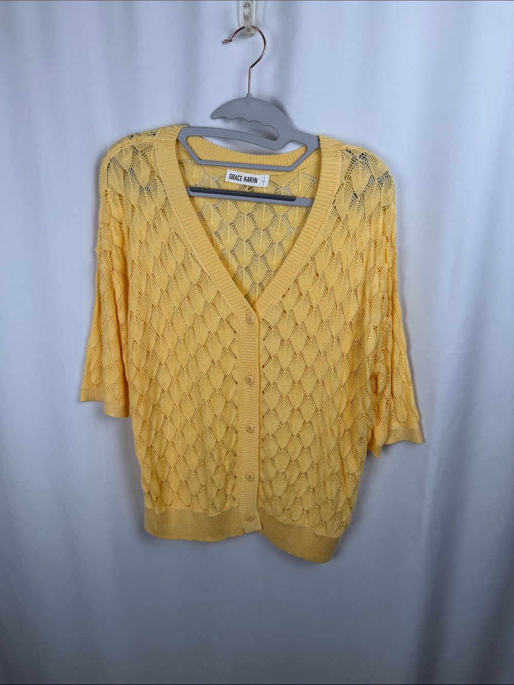 Grace Karin Pastel Yellow Openwork V-Neck Button-Up Cardigan
